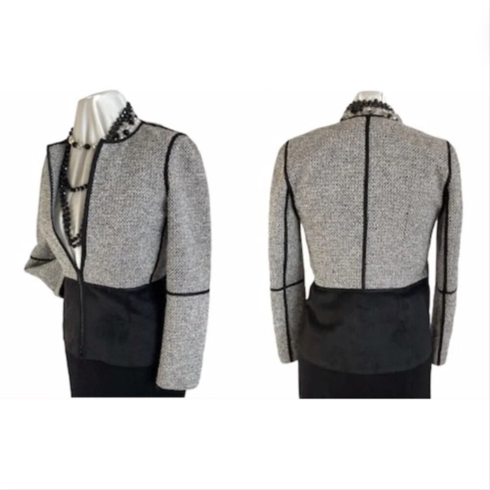 Lafayette 148 NY Collarless Black White Tweed/Suede Fitted Jacket Sz P Front Zip
